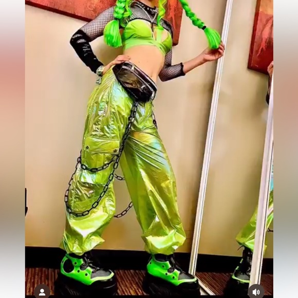 Lime green parachute pants kandi kid wide leg y2k cyberpunk rave edc edm shuffle - Picture 2 of 7